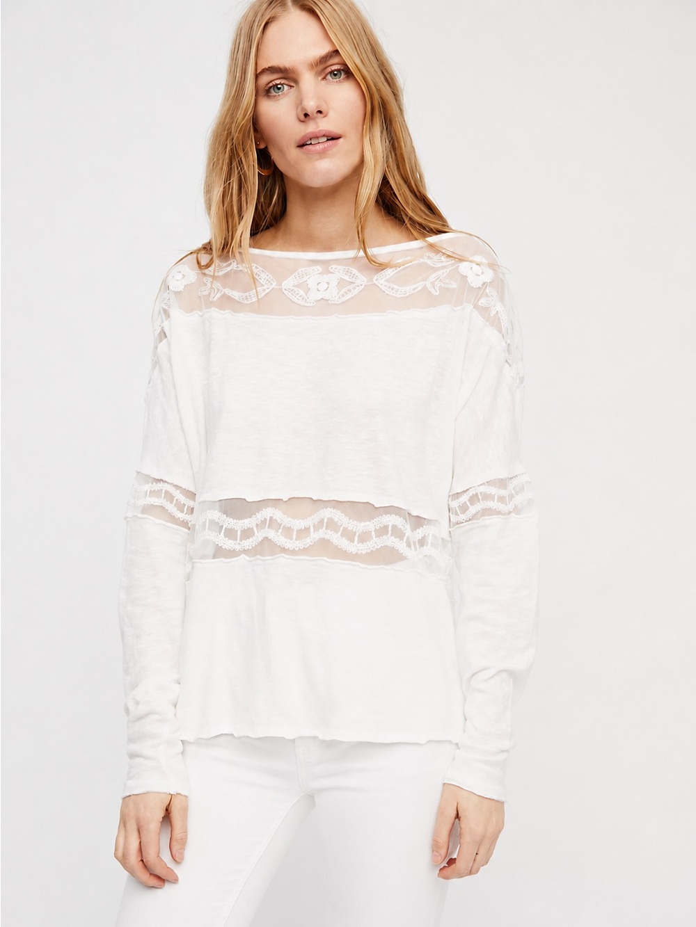 Free People White Lace Embroidered Top